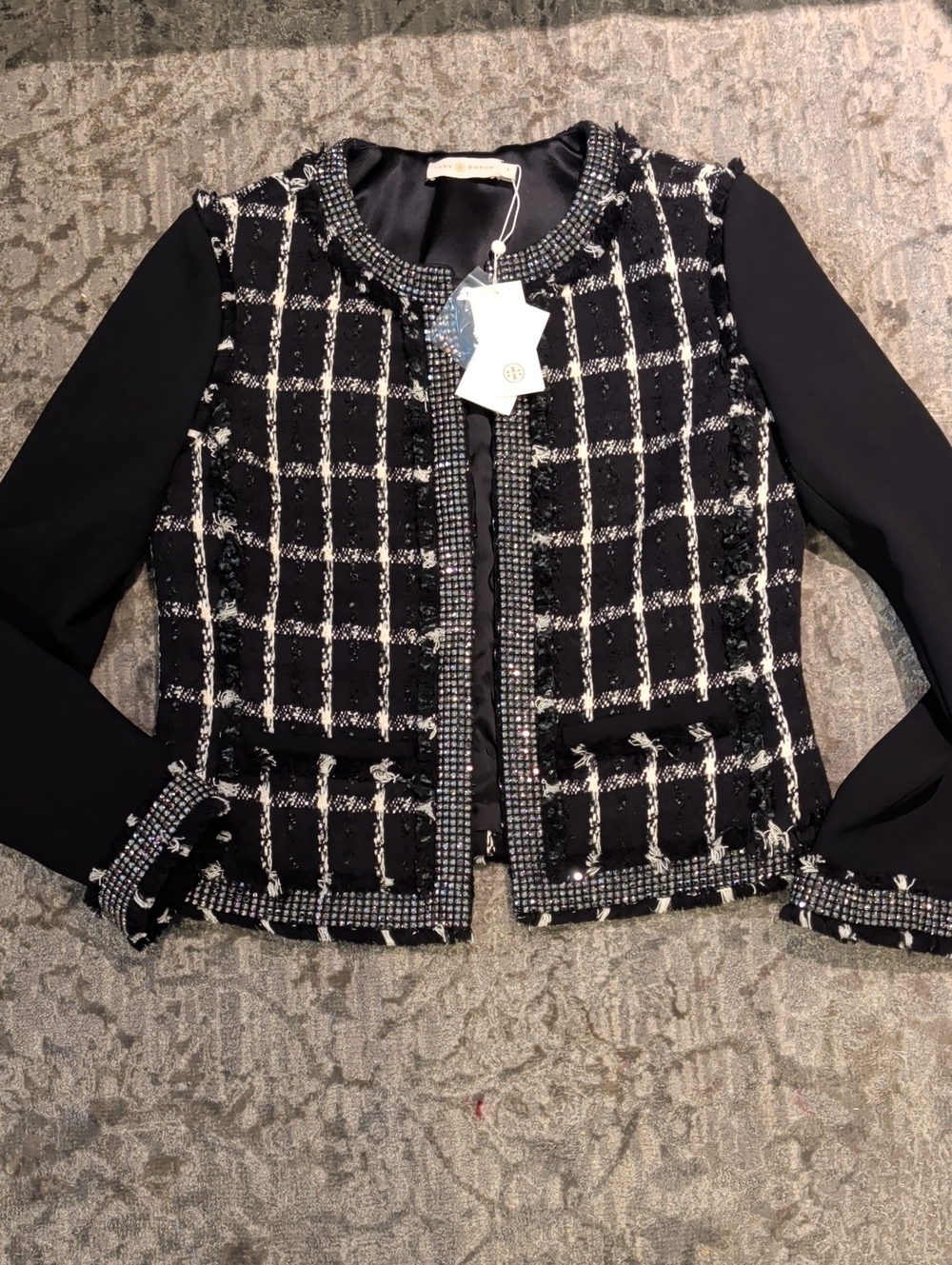 NWT Tory Burch Marisol Plaid Tweed Jacket - Size 8 - Crystal Embellished